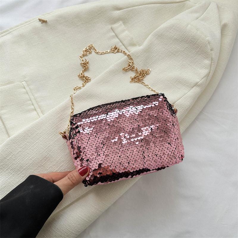 Chic Glitter Small Square Bag With Chain Strap For Summer 2023 In Black Silver Pink