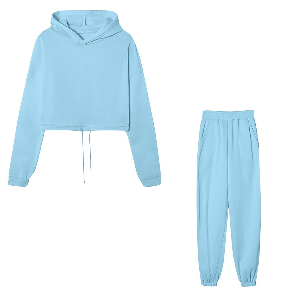 Женский спортивный модный однотонный повседневный комплект из двух предметов с капюшоном