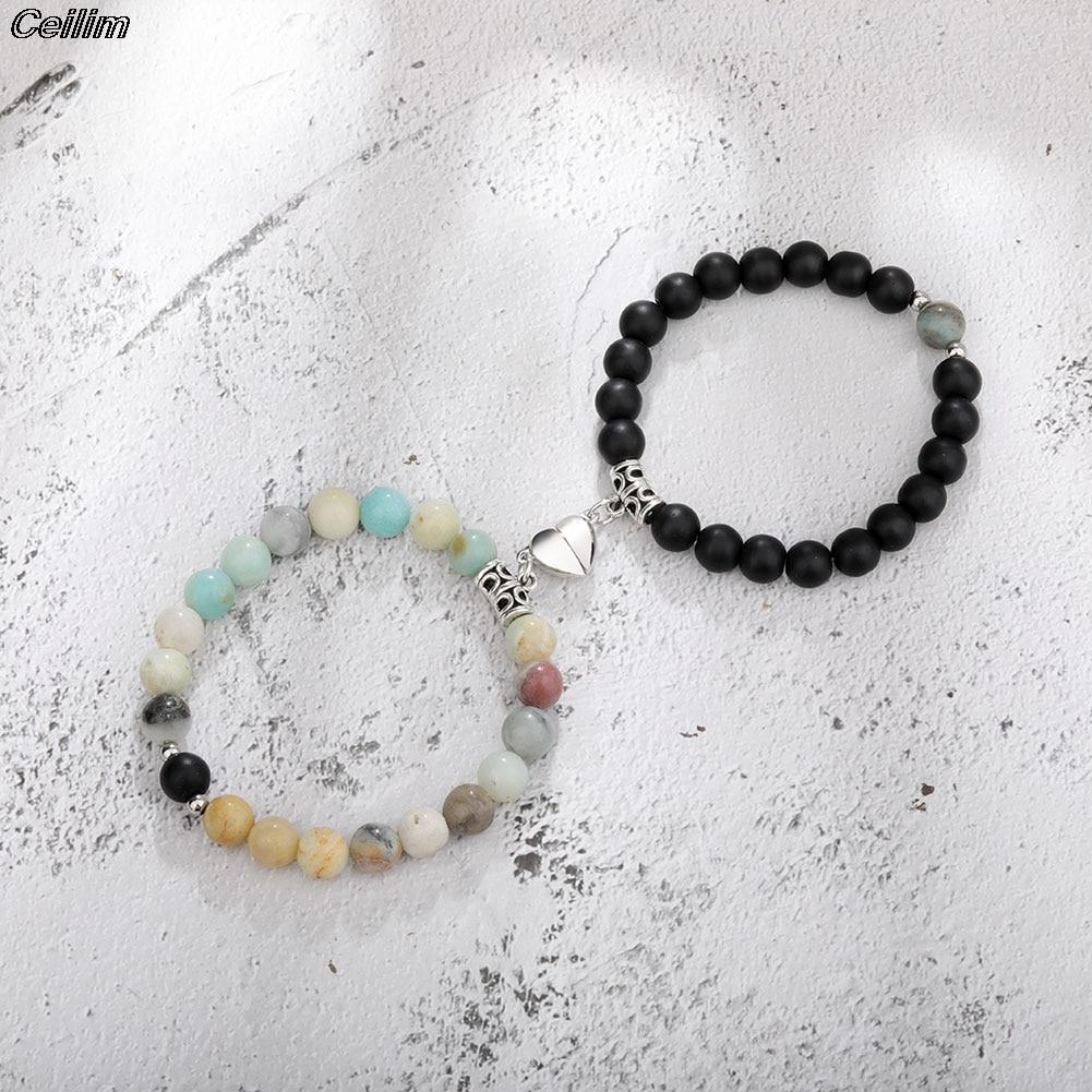 2pcs /Set Heart Shaped Magnet Attraction Couple Bracelet Natural Stone Distance Paired Bracelet Charm Jewelry Valentine Gift