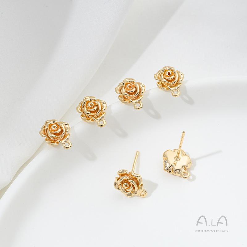 Серьги-пусеты в виде трехмерных цветков роз, заполненные 14-каратным золотом, со штифтами и соединительными кольцами из серебра 925 пробы для DIY-аксессуаров