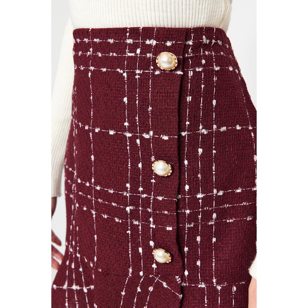 Burgundy Buttoned Tweed Fabric Mini Woven Skirt With Flounce Hem Twoaw22et0155
