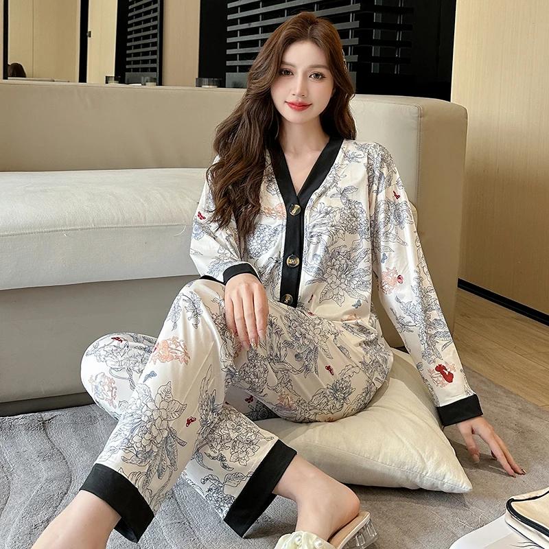 Новые осенние женские пижамы больших размеров с черным чернильным принтом, с длинными рукавами и V-образным вырезом, комплекты домашней одежды, стильные модные повседневные пижамы