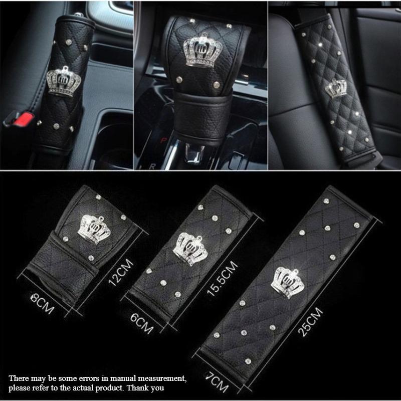Rhinestone PU Leather Car Interior Decoration Cover Steering Covers Handbrake Gear Shift Lever & Shoulder Protection Cover