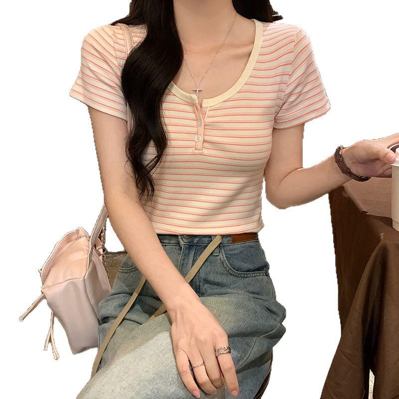 Summer 2025 Striped Slim Fit Short-Sleeved T-Shirt - Trendy American Style, Pure & Sexy Round Neck Women's Top
