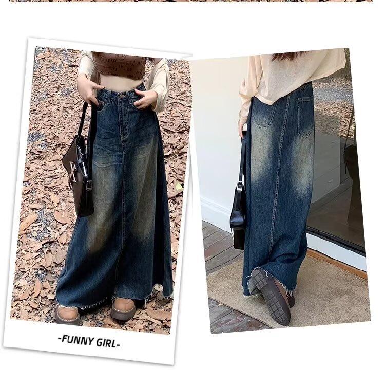 2407 Женская джинсовая юбка А-силуэта, потертая, стираная - Ретро, узкая, длинная, для весны и осени