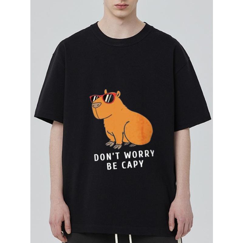 Crew Neck T Shirt Black Capybara with Sunglasses and Don T Worry Be Capy Text Casual Wear for Men and Women