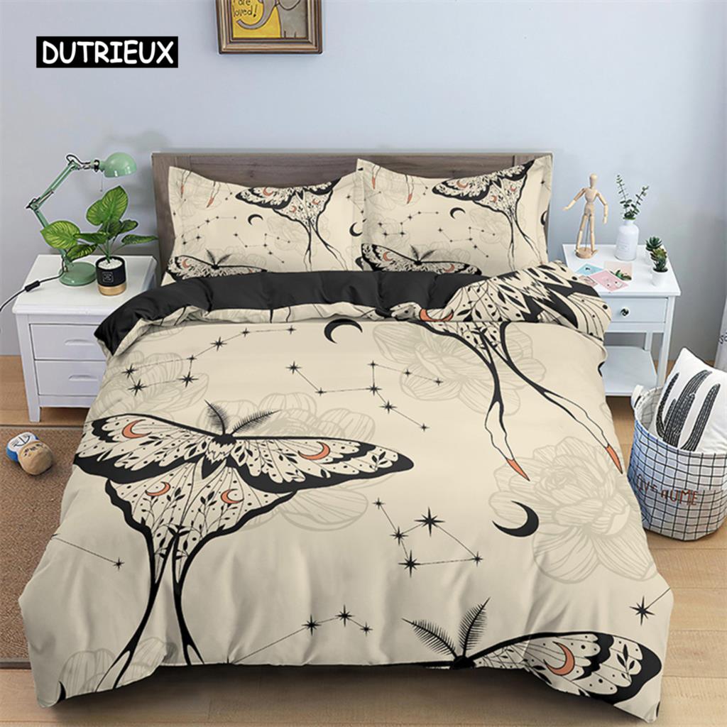 Комплект постельного белья с бабочками, полный размер King Size, хиппи, бохо, моль, пододеяльник из микрофибры, анималистичный, ботанический, психоделический, звездное небо, пододеяльник