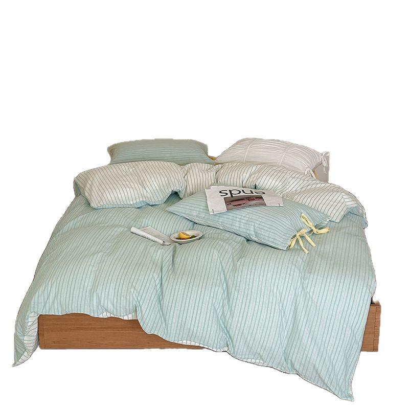 ins striped pure cotton four-piece set Korean bow type A cotton yarn-dyed washed cotton single sheet bedding