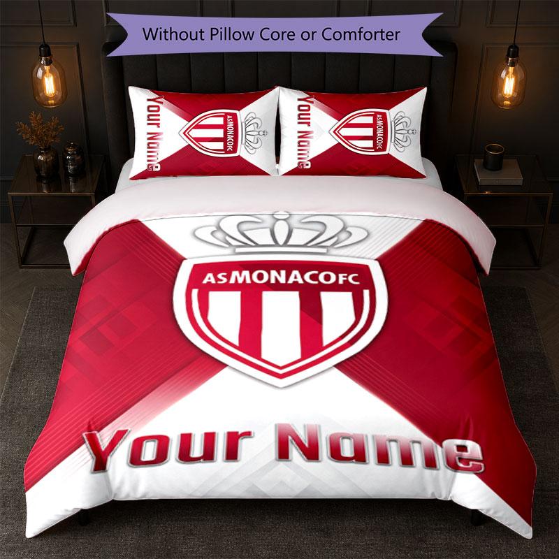 Monaco FC Custom Name Text Bedding Set 1 Duvet Cover+2 Pillowcases Soccer Logo Personalized Gift For Special Occasion Bedroom Decor