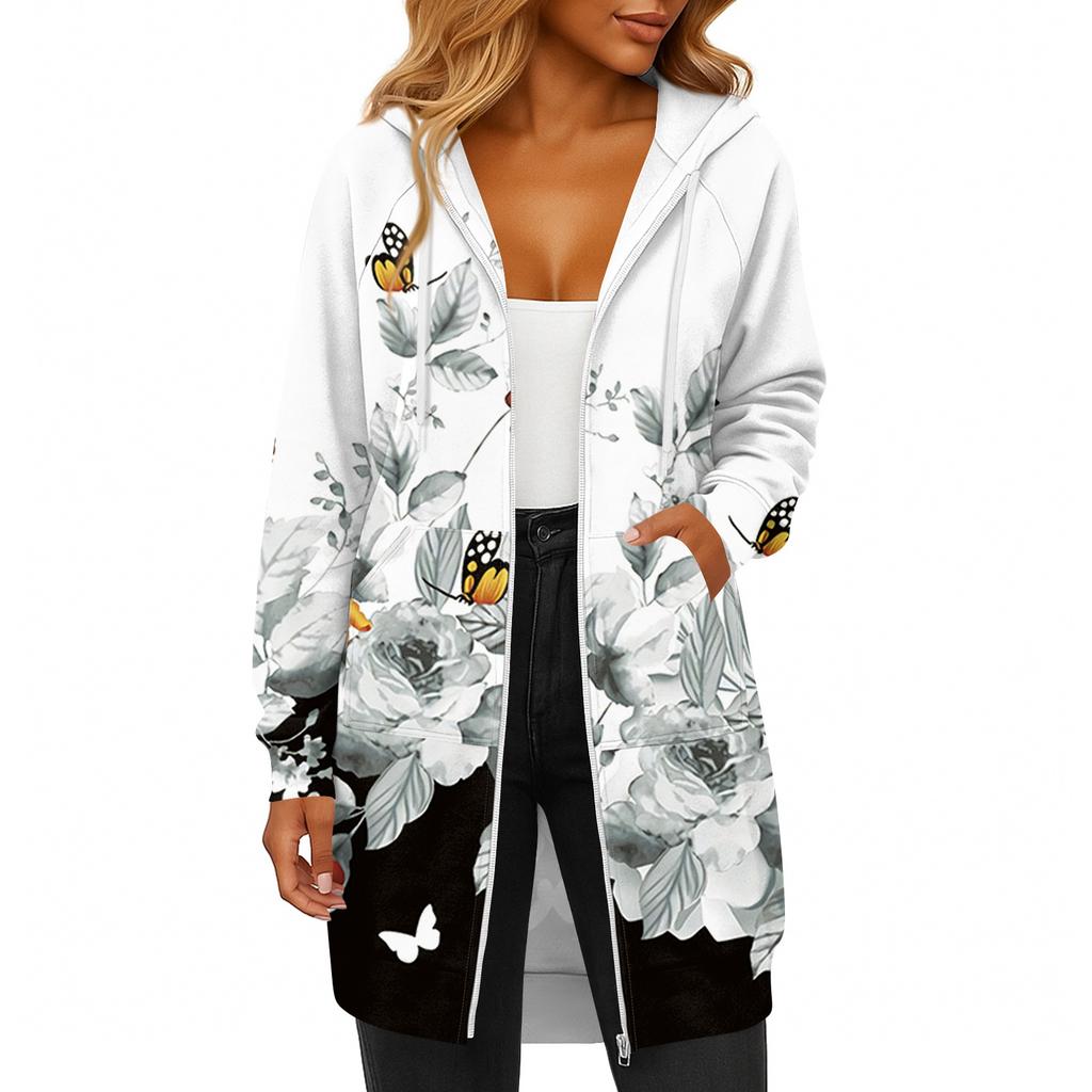 Женская модная толстовка с длинными рукавами, принтом, капюшоном на кулиске, карманом на молнии, длинная, повседневная