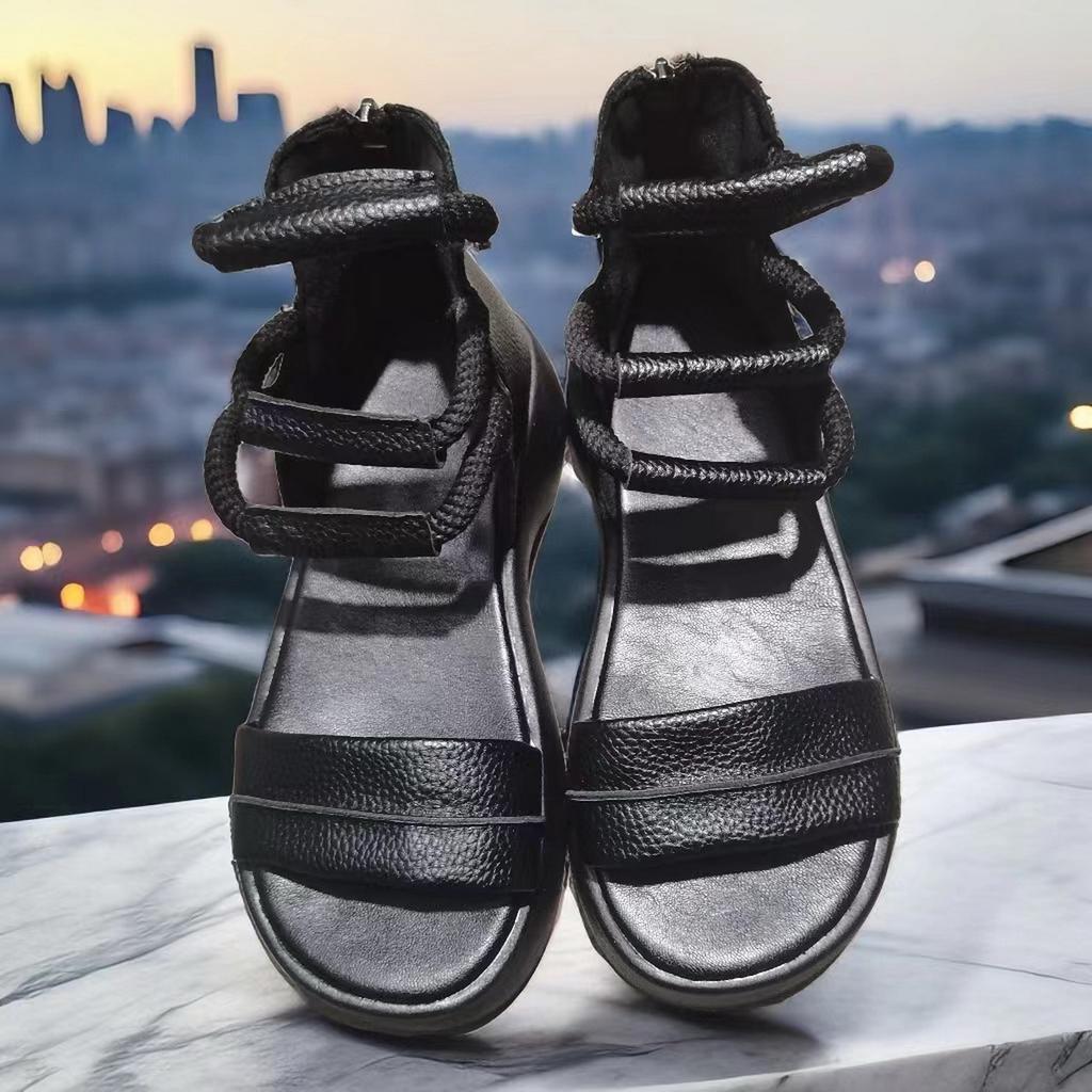 Модные высокие ботинки в стиле ретро для женщин, сандалии с открытым носком на платформе, мягкая кожаная молния сзади, пеньковая веревка, толстая подошва, сандалии