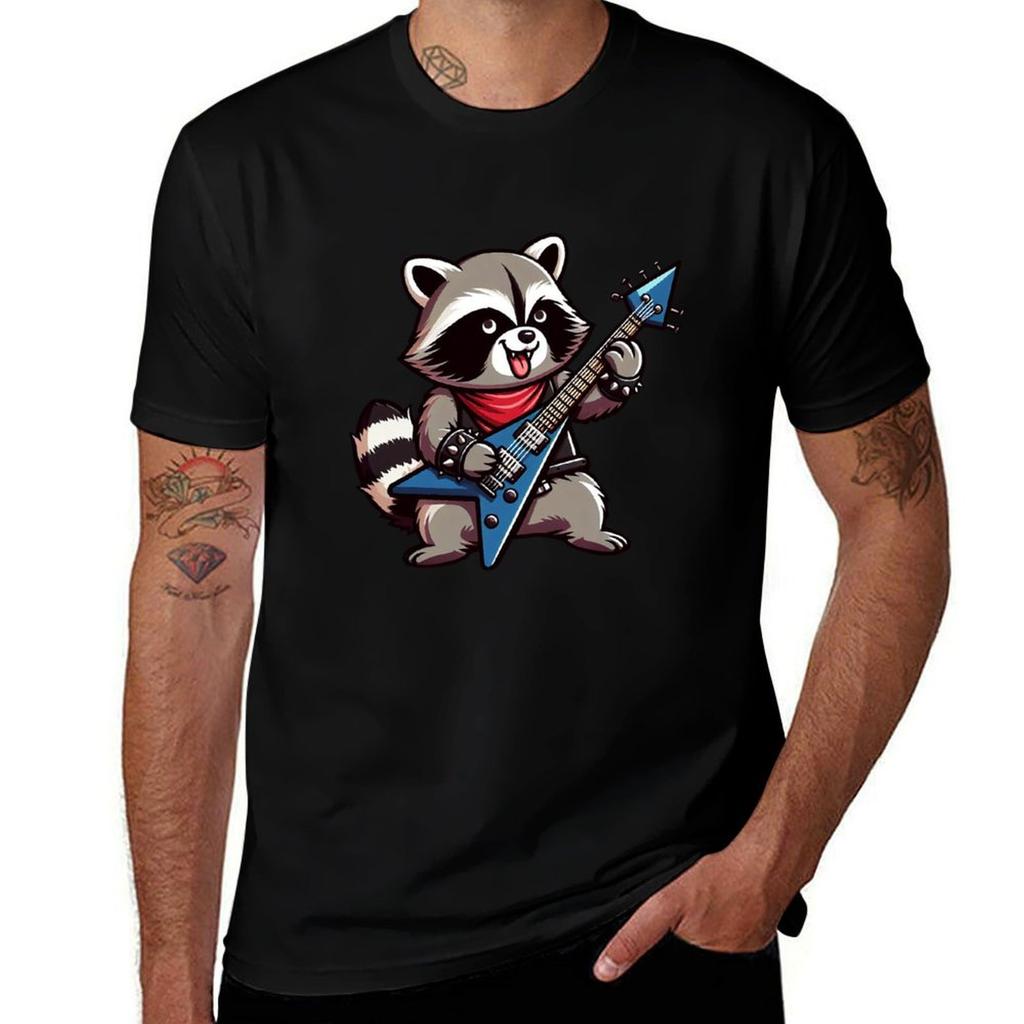 Raccoon Playing Guitarrock Raccoon playing guitar TShirt Casual Basic Short Sleeve TShirt
