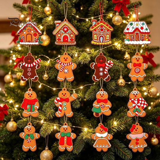 Декор для стены и окна на праздничную вечеринку, 12/16/24 шт. Деревянные рождественские украшения, Пряничный человечек и домик, Подвесные украшения, Яркий визуальный эффект печенья