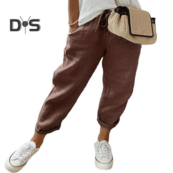 Женские повседневные брюки, однотонные свободные длинные брюки, эластичный пояс, регулируемые брюки на шнурке с карманами