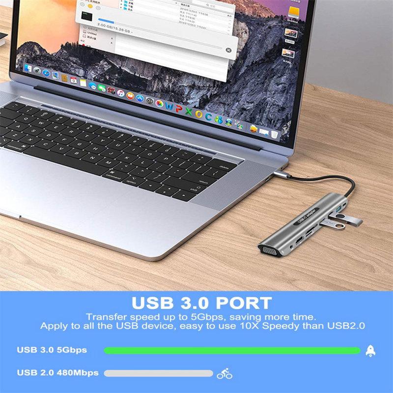 Адаптер USB-концентратора 9-в-1 с 4k HDMI-совместимым Vga 100 Вт Pd 3 USB-портами Аудиоразъем 3,5 мм Карта SD/TF
