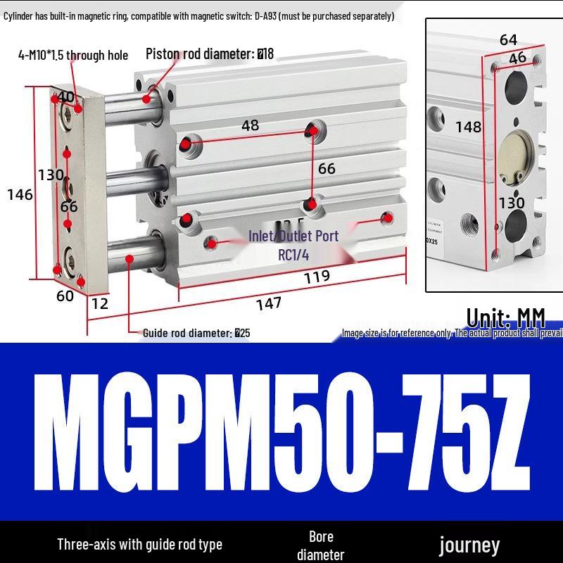 Compact Three-Axis Pneumatic Guided Rod Cylinder 12/16/20/25/32-10/20/40/50/75z