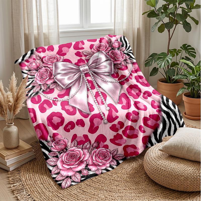 Pink Leopard Roses Bow 1 Theme blanket Lightweight Warm Flannel Blanket Decorative Throw Blanket for Home Decoration