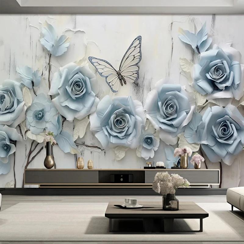 3D Embossed Wallpaper Blue Rose Flowers Butterfly Mural Paper Bedroom Living Room TV Background Wall Decor Painting