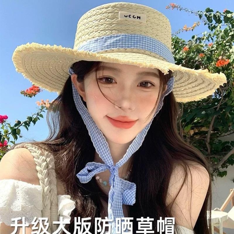 Соломенная шляпа с плоской тульей и ремешком, женская летняя шляпа от солнца, соломенная шляпа с широкими полями, пляжная шляпа, для отпуска на море