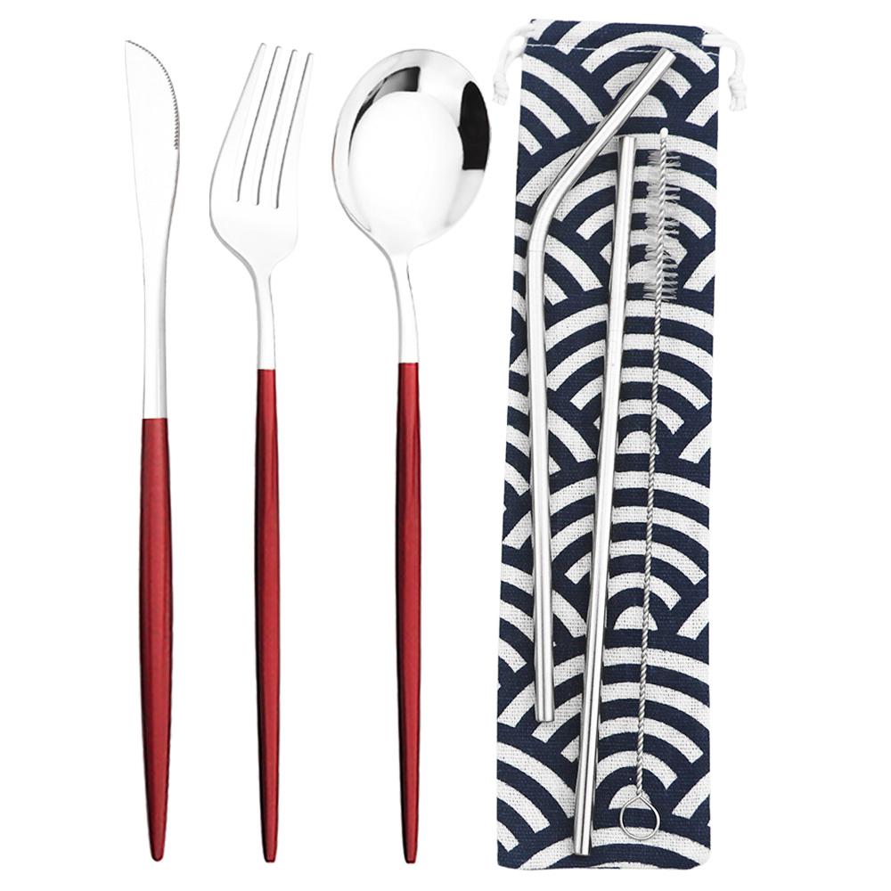 6 шт., набор столовых приборов для кемпинга, дорожный набор столовых приборов, нож, вилка, ложка, соломинка с портативной сумкой, набор посуды из нержавеющей стали