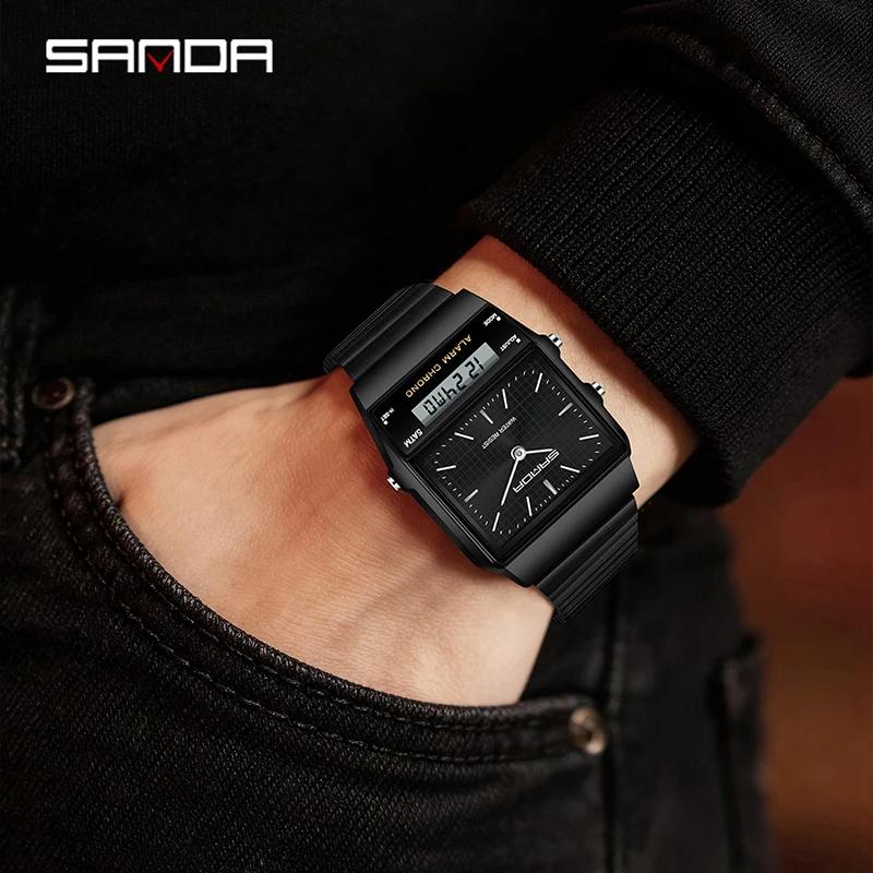 Thin Square Digital Analog Watches Slim Case Waterproof Steel Band Multi Function Retro Wrist Watch Unisex
