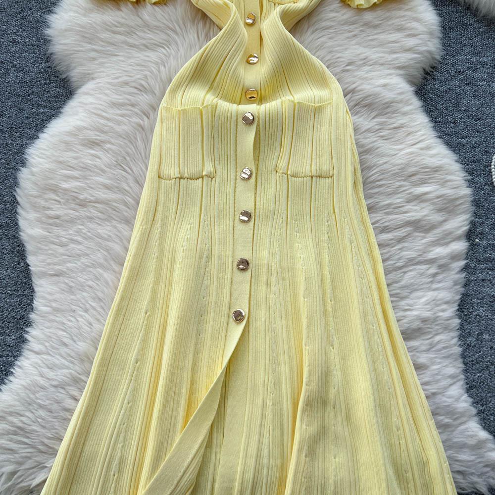 Корейское простое дизайнерское платье с лацканами, вязаное, женское летнее, приталенное и тонкое, однобортное, с темпераментом королевской сестры, длинное платье