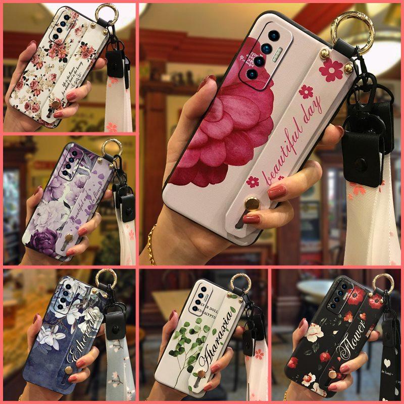 Soft Case Silicone Phone Case For Tecno Camon17P Dirt-resistant Flower Durable Wrist Strap Wristband Lanyard Ring