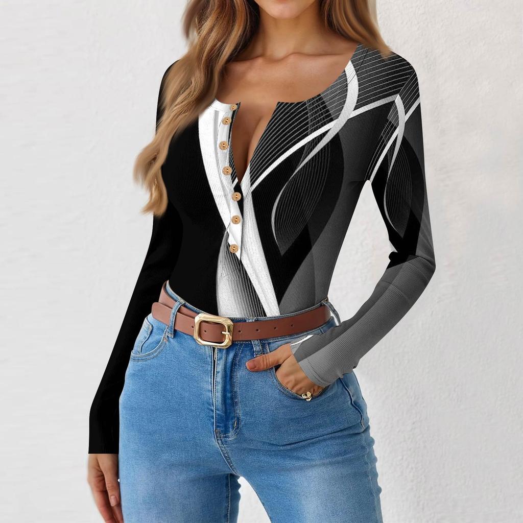 Women's Slim Bottom T-shirt Fashion Casual Gradient Printing Round Neck Pullover Long Sleeve Top