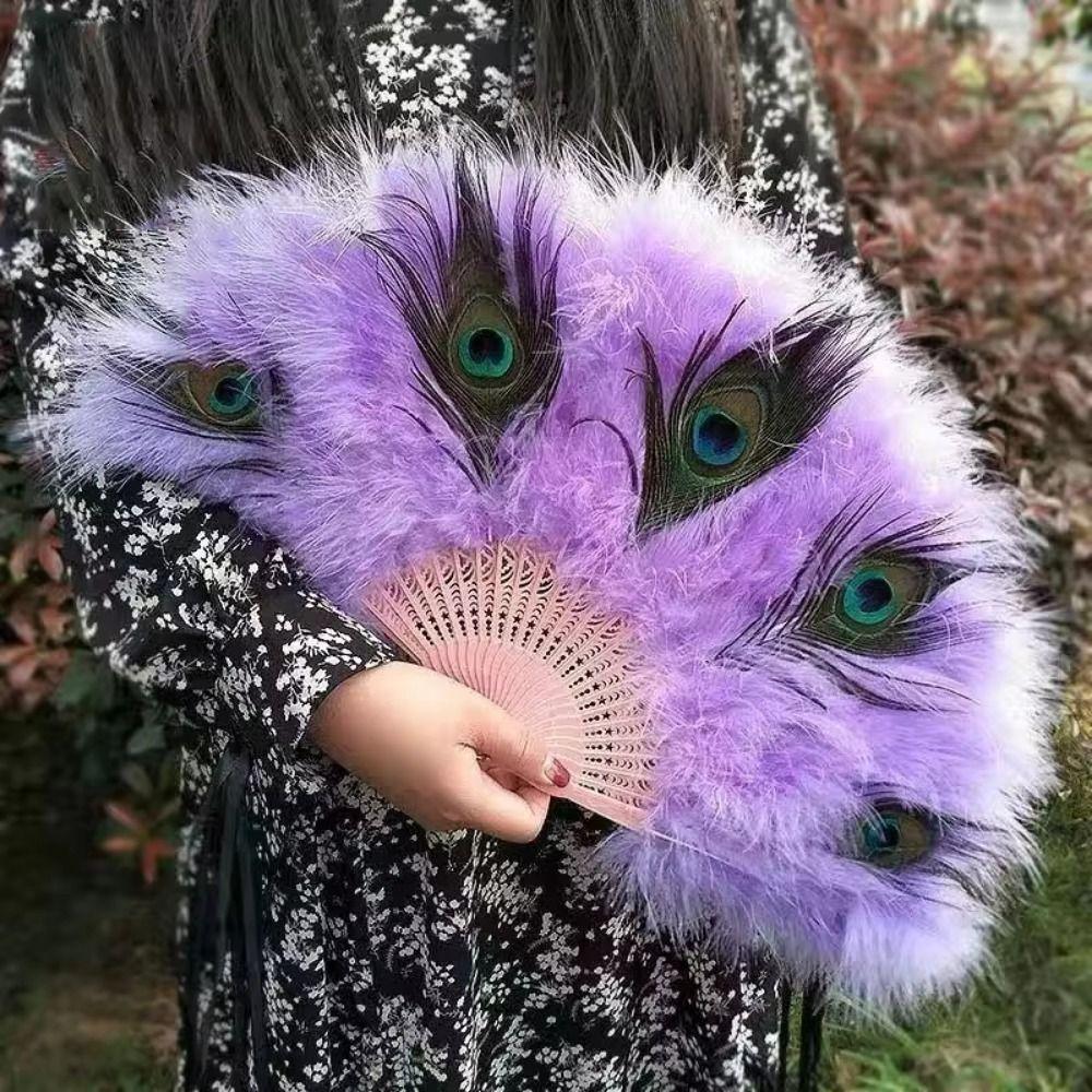 With Tassel Peacock Feather Fan Handheld Feather Dance Fan Lightweight Folding Hand Fan Cosplay