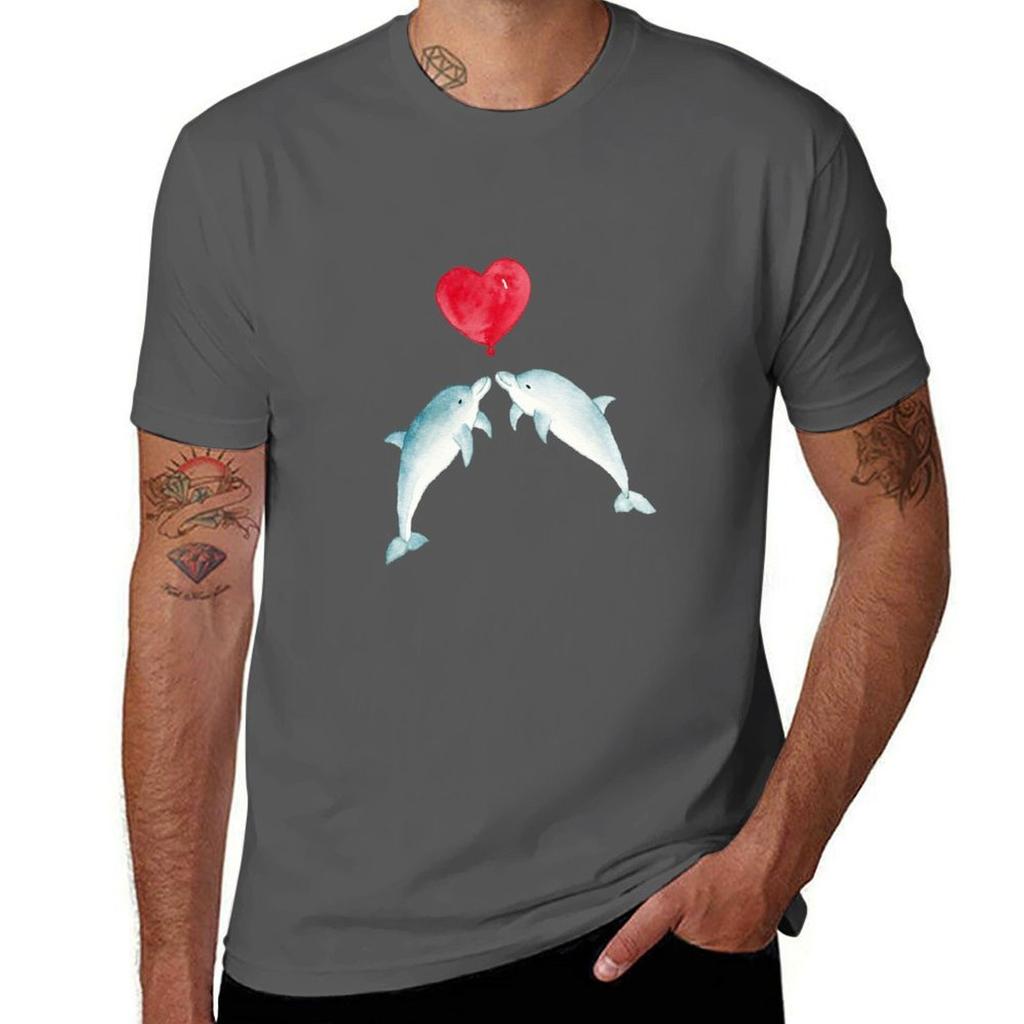 Valentine Dolphins Playing With A Heart Baloon Watercolor Tshirt Basic Casual Short Sleeve Cotton Shirt