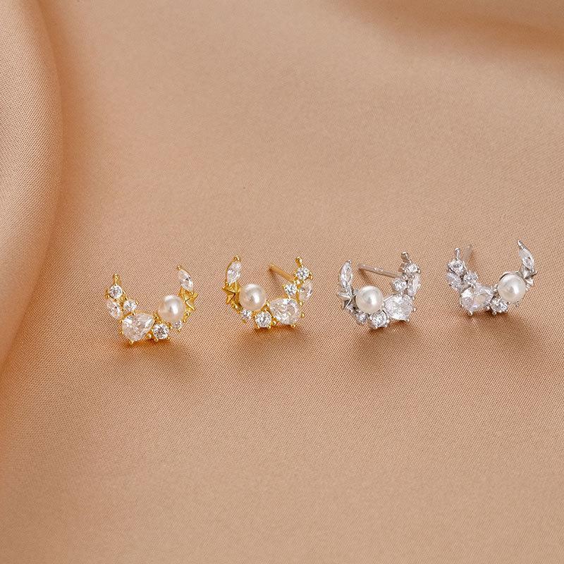 Banyan Tree S925 Silver Zircon Crescent Moon Earrings for Women - Korean Geometric Design