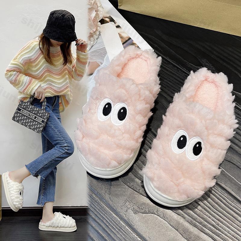 Модные хлопковые тапочки для женщин Новые 2024 Осень Зима Домашние Нескользящие Домашние Теплые Домашние Слайды Женские Милые Плюшевые Тапочки с Мехом с Большими Глазами