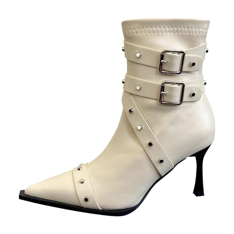 Перчинка! Женские короткие ботильоны на высоком каблуке с черными заклепками, модные и универсальные, из мягкой кожи, весенне-осенние одинарные ботинки 2025 года