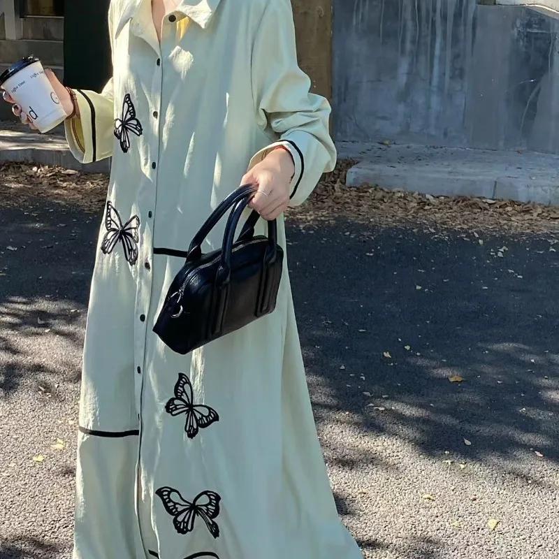 Этнический стиль ретро бабочка вышитая миди платье рубашка свободный шнуровка однобортный повседневный платье новая мода женская одежда