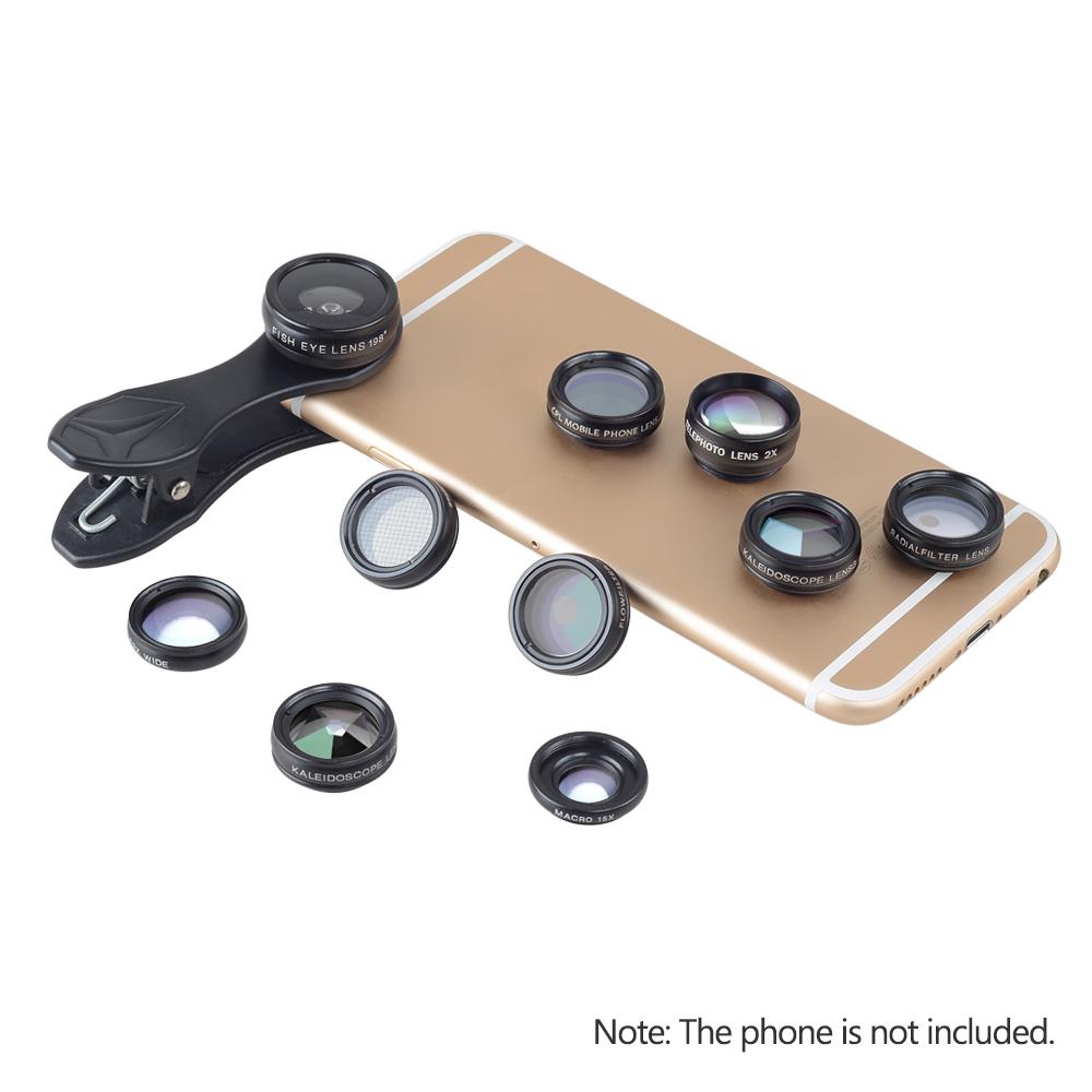 Комплект объективов для камеры телефона APEXEL 10 в 1 с широким углом обзора 0,63X + макросъемкой 15X + рыбьим глазом 198 градусов + телеобъективом 2X