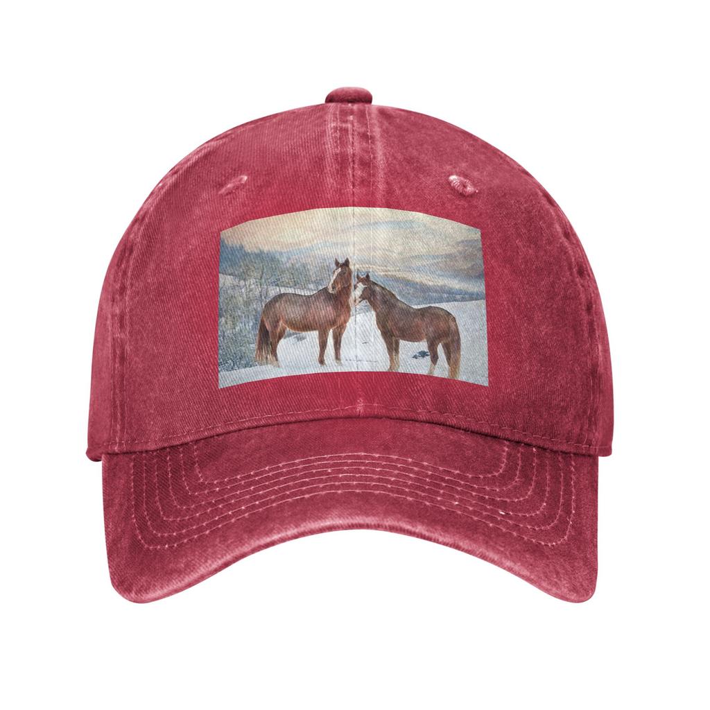 Horses with Snow and Sunset Hills Washed Denim Cap Casual Baseball Caps Adjustable Hat Summer Unisex Baseball Hats