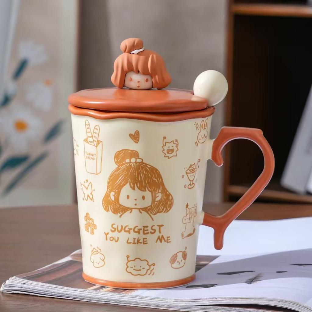 Креативная Персонализированная Пара с Крышкой и Ложкой Керамическая Чашка Высокого Внешнего Вида Большая Вместимость Кружка для Маленького Подарка для Девочек Чашка для Воды для Домашнего Использования