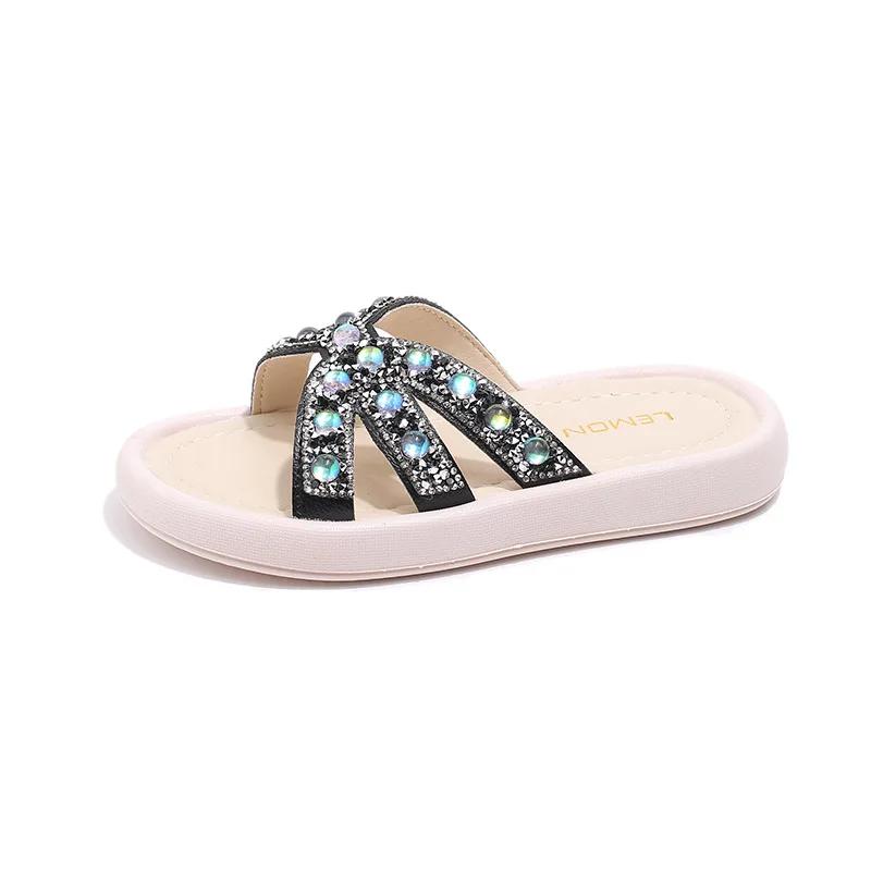 Детские шлепанцы для улицы 2024 Новые детские модные туфли принцессы для пляжа со сверкающими стразами Детские универсальные сандалии для отпуска