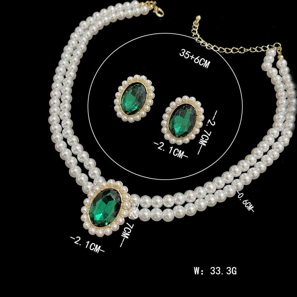 Vintage Imitation Pearl Necklace Earrings Jewelry Set for Women Emerald Crystal Choker Banquet Bridal Wedding Accessories