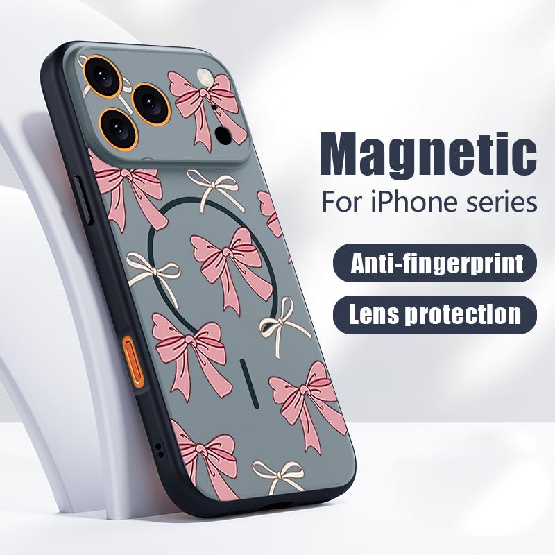 Магнитный Чехол Для Magsafe Для iPhone 17 Pro Max Розовые Бантики Узор Кожаное Ощущение Обложка Для iPhone 16 15 14 13 Pro Max