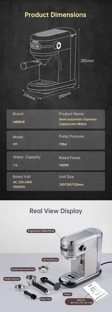 HiBREW H11 1450W Coffee Maker, 19 Bar Semi Automatic Espresso Machine, ESE POD Powder Dual Use, Hot Water