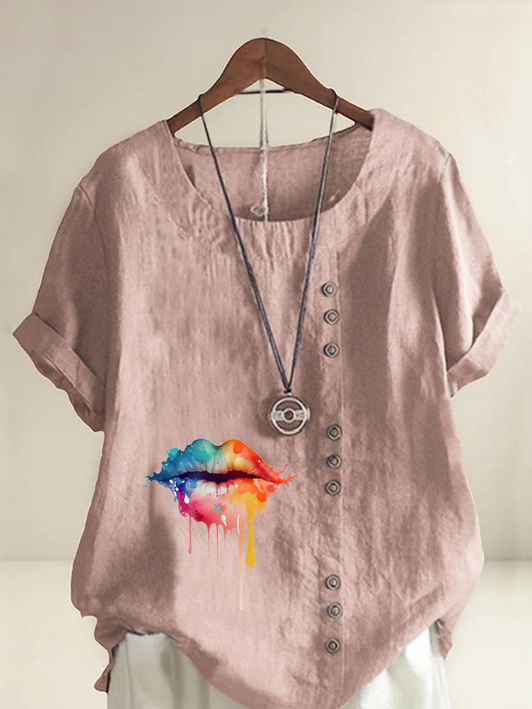 Women's Fashion Colorful Lips Print Shot Sleeve T-shirt Loose Cotton Shirt Casual Loose Summer Blouse Tops Plus Size