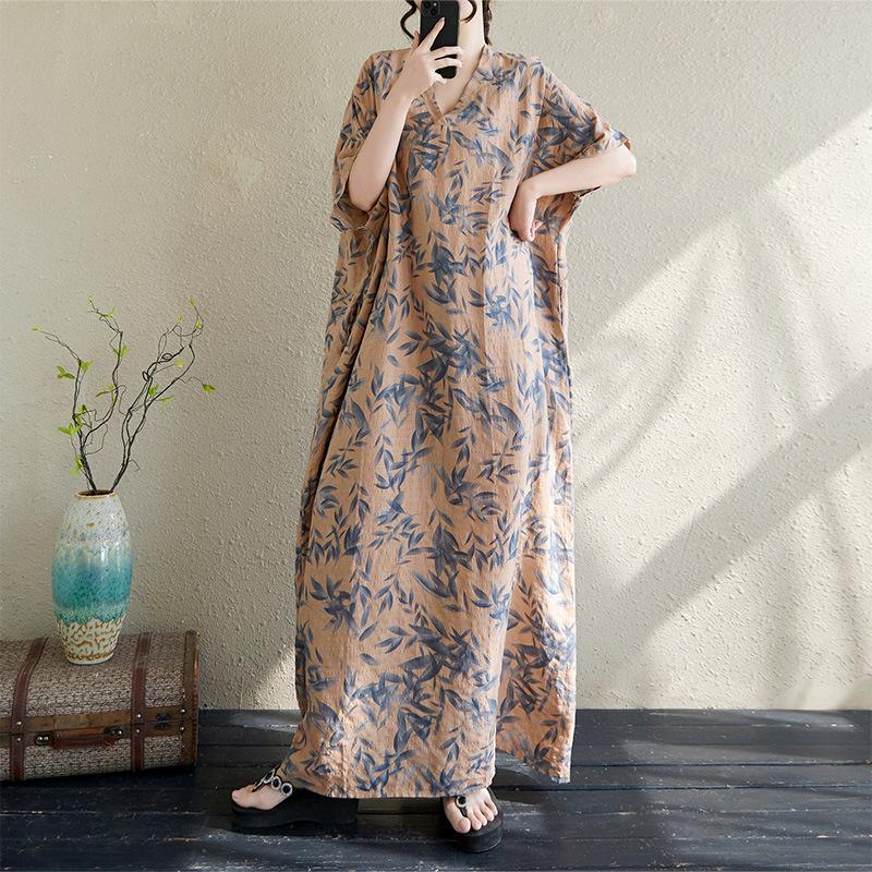 Летнее свободное платье с V-образным вырезом из хлопка и льна для пляжа