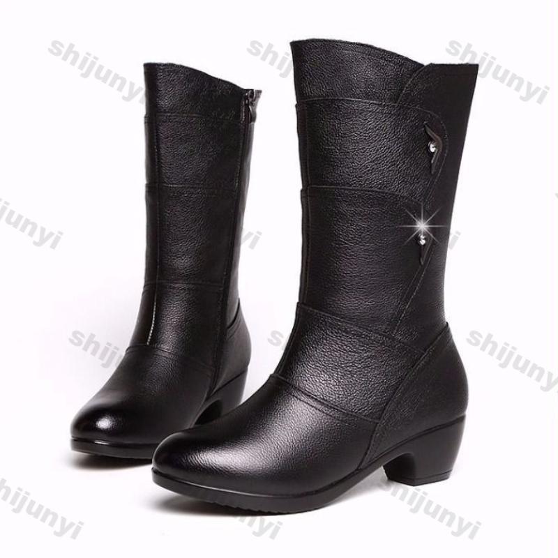 Women Fashion Wedge Mid-calf Ankle Boots Women Black Soft Leather Single Boots Woman Autumn Winter Flat Plus Fleece Botas Mujer
