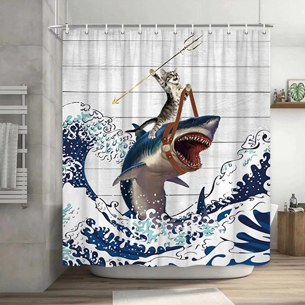 Забавная шторка для душа с кошкой Крутая шторка для ванной с динозавром Дино Дно Японское Море Океанская Волна для Детей Мальчиков Деревенский Деревянный Фермерский Дом