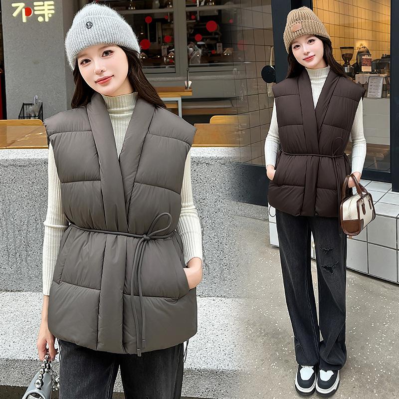 V-neck sleeveless cotton vest women's new waist and thin versatile drawstring warm cotton-padded jacket