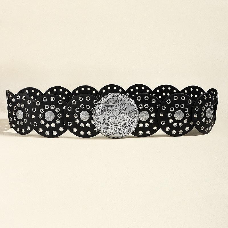 Women's Western Denim Belt High Quality Metal Hollow Ladies Trend Wide Waistband Vintage Personalized Round Belts DT148