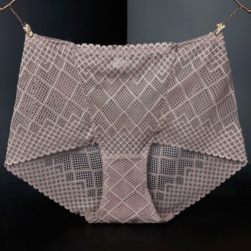 New Women Breathable Panties Sexy Lace Mesh Hollow Silk Knickers Bottom Cotton Health Briefs Quality Butt Lifter Pants Plus Size