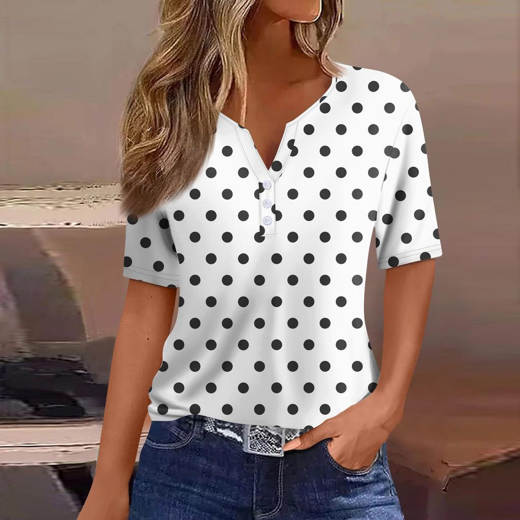 Women's Fashion Casual Solid Color Dot Print V-Neck Short Sleeve Decorative Button T-Shirt Top