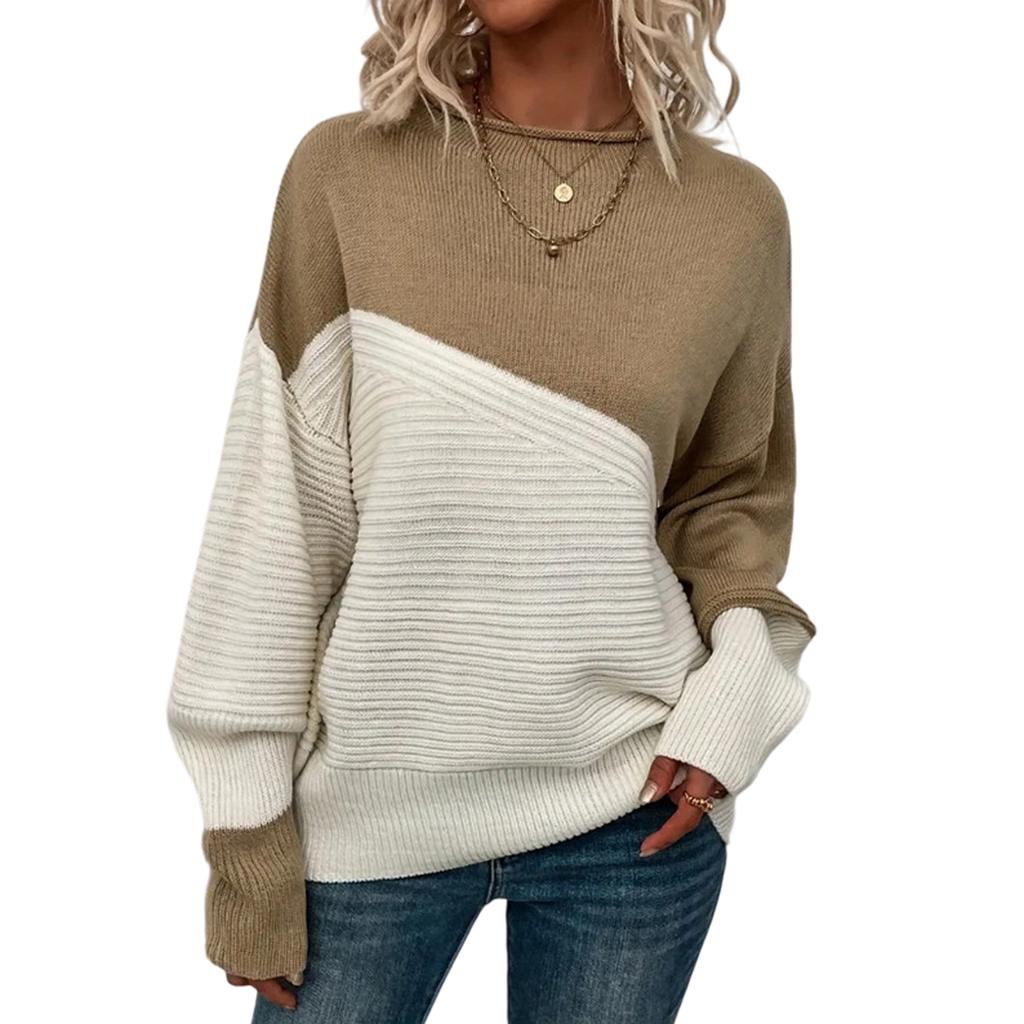 Women's Casual Round Neck Colorblock Pullover Sweater Loose Casual Long Sleeve Contrast Color Top
